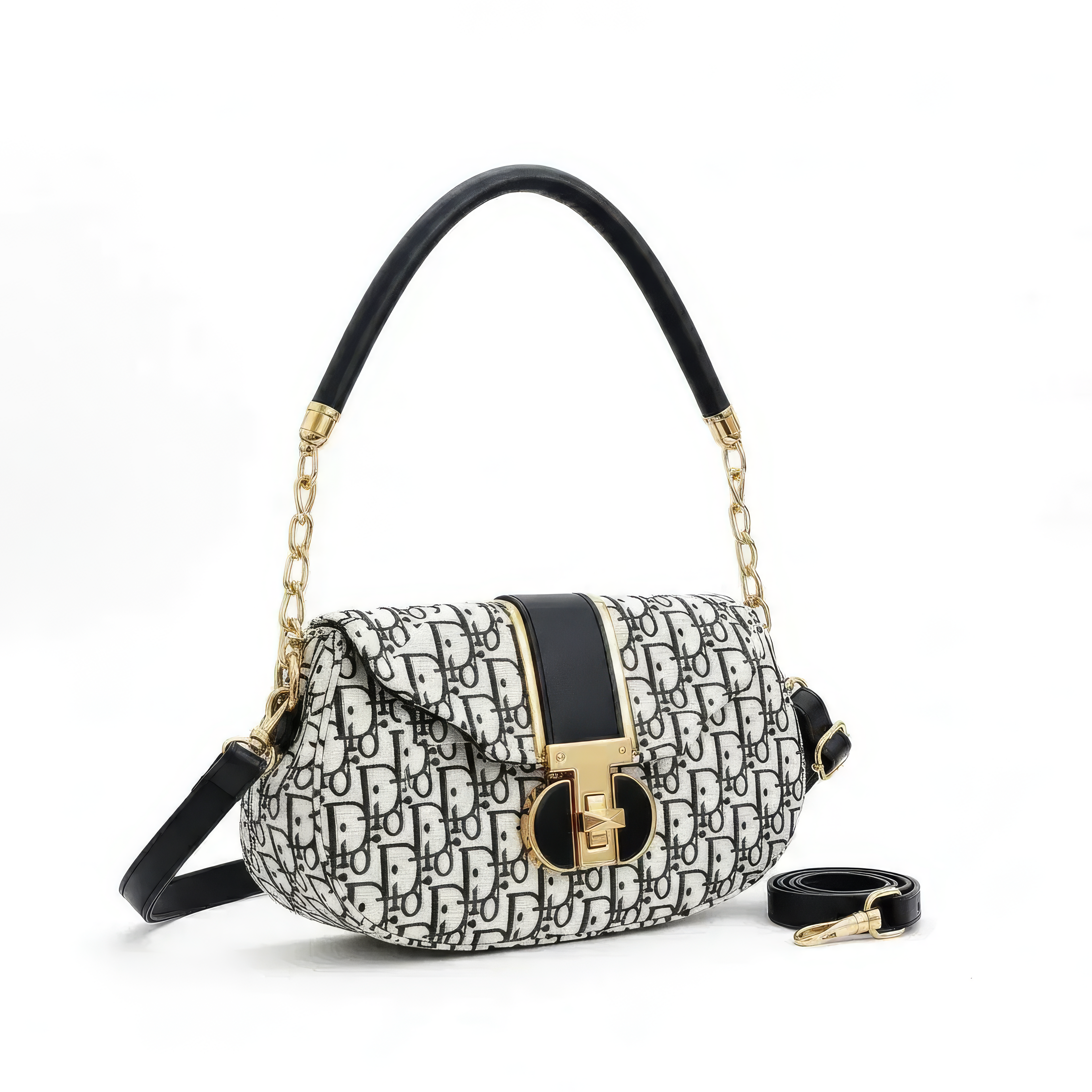 Black Printed Shoulder Bag with Gold Hardware