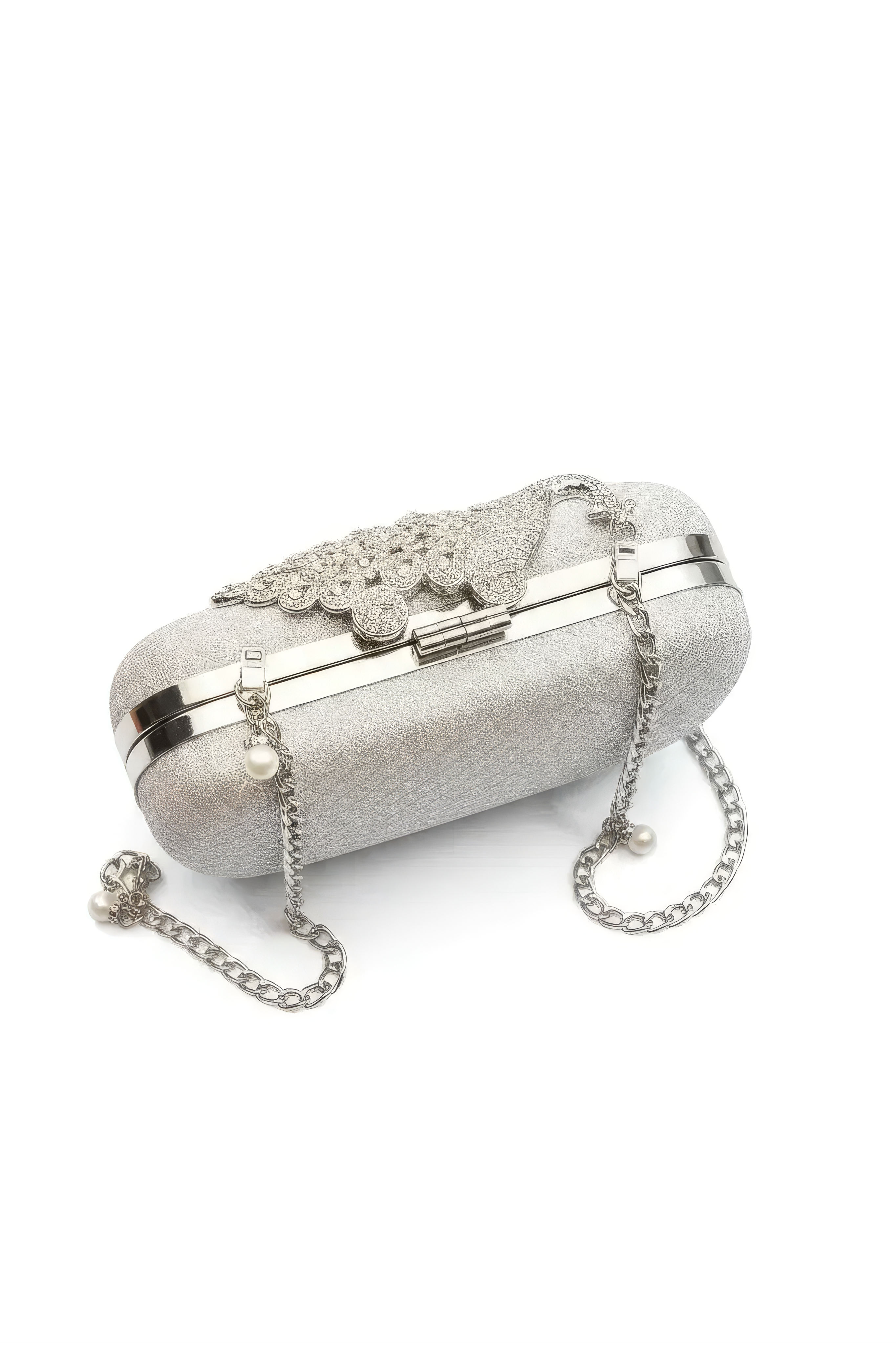 The Pearl Chain Handbag is a small, silver evening bag with glitter, a metallic frame, lace applique, and a chain shoulder strap with pearl accents, shown on a white background.