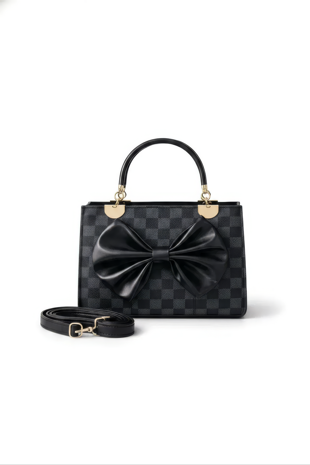 The Nocturne Bow Handbag is a black leather bag with a checkered pattern, gold hardware, and a large black bow on the front. It includes a matching detachable shoulder strap, displayed in front of its structured top handle against a white background.