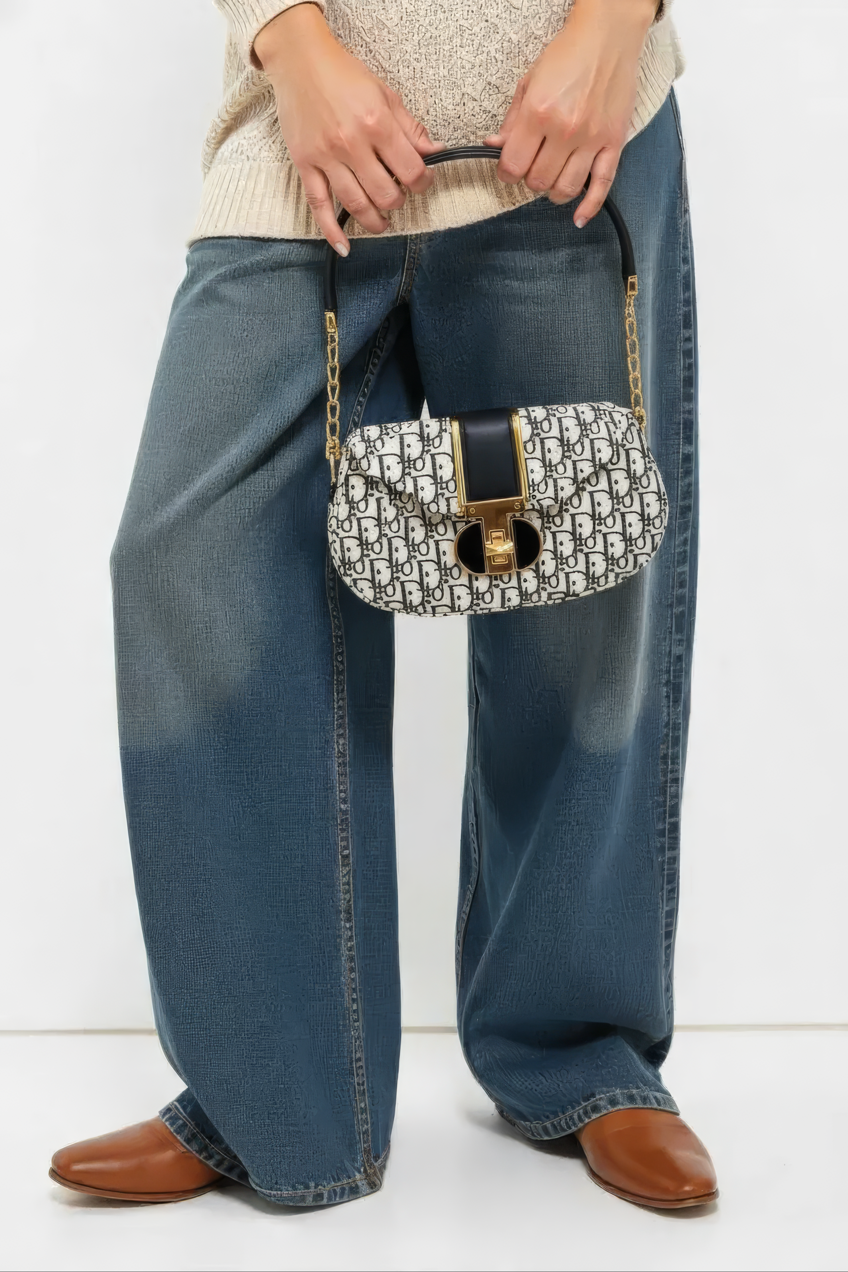 Black Printed Shoulder Bag with Gold Hardware