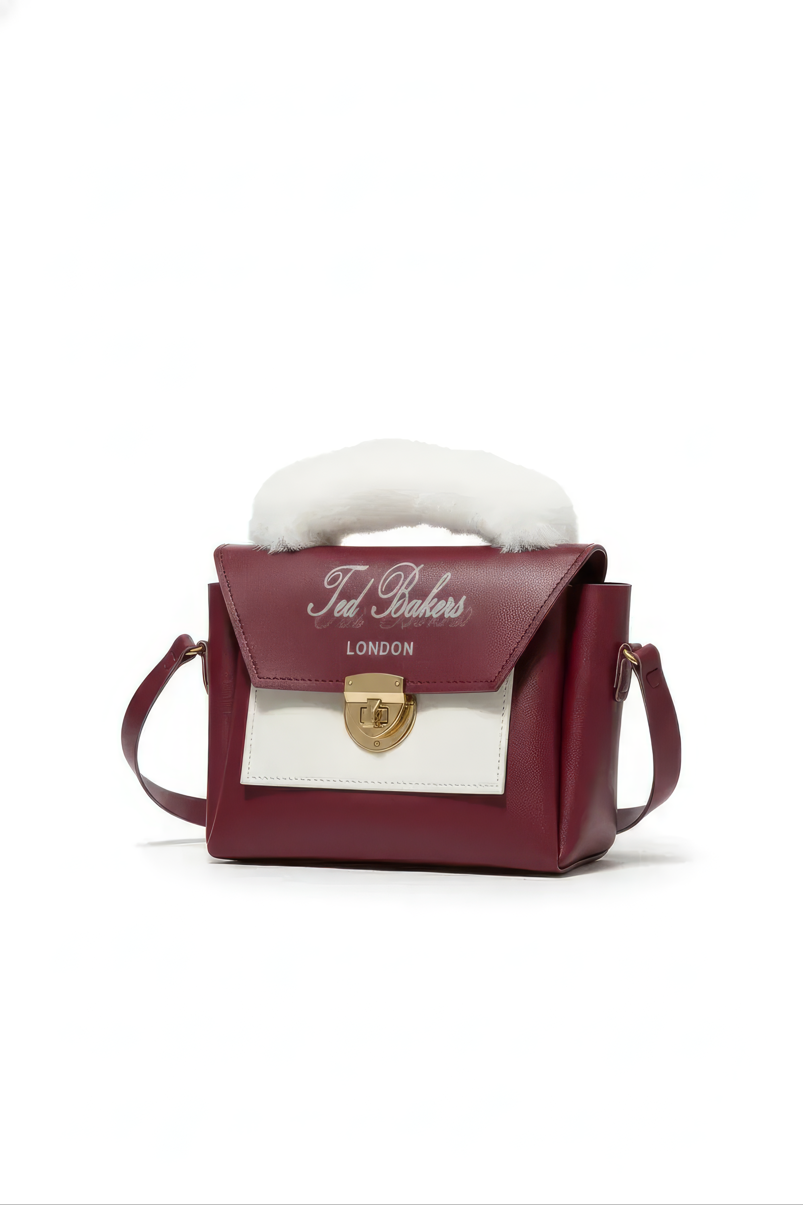The Burgundy Faux Fur Handbag is a compact maroon crossbody with a white flap, gold clasp, adjustable strap, and white faux fur handle, shown against a white background.