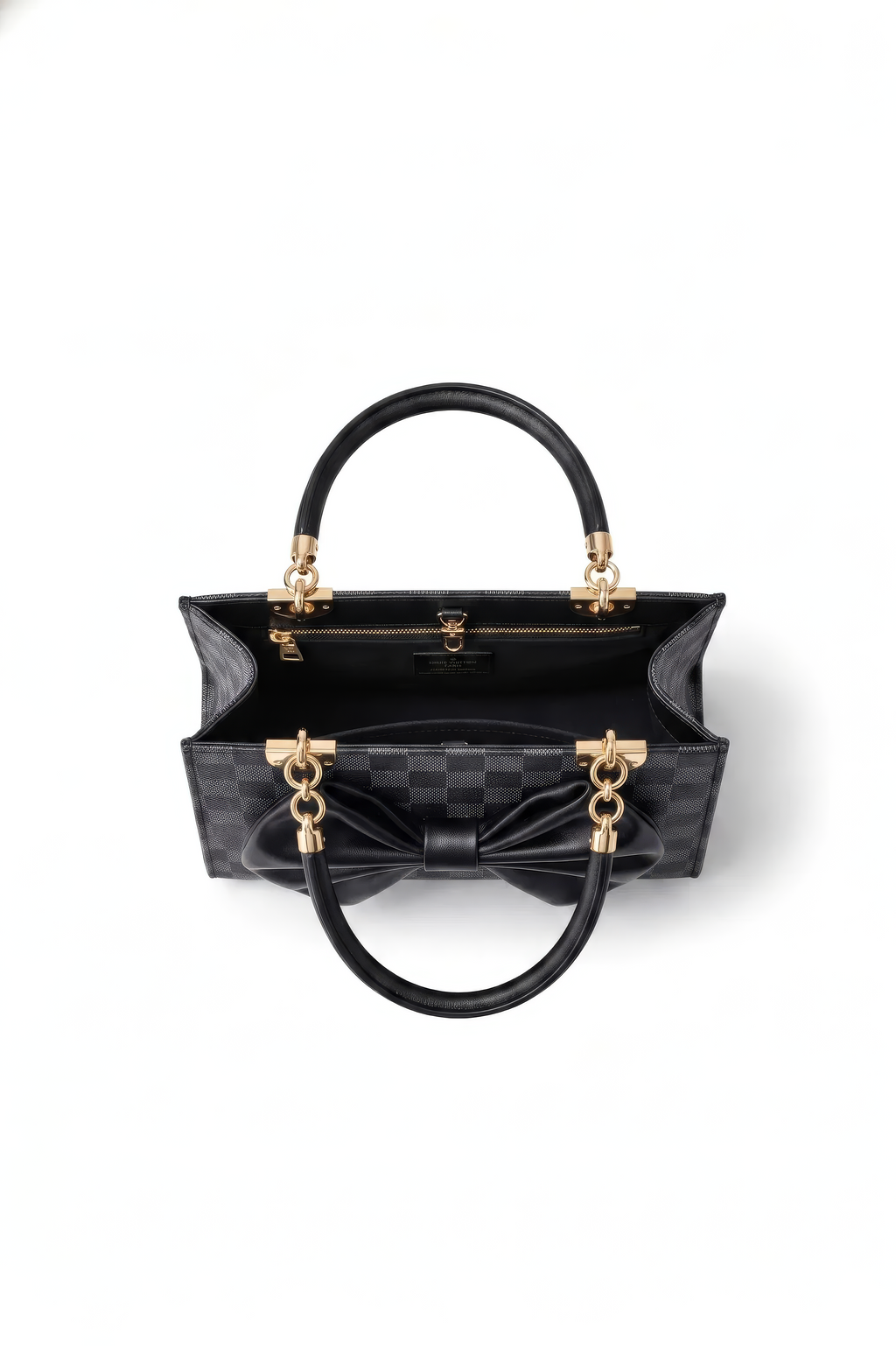 The Nocturne Bow Handbag, shown open from a top view on a white background, features black leather, gold hardware, a checkered pattern, large bow detail, top handle, and a detachable shoulder strap for versatile styling.