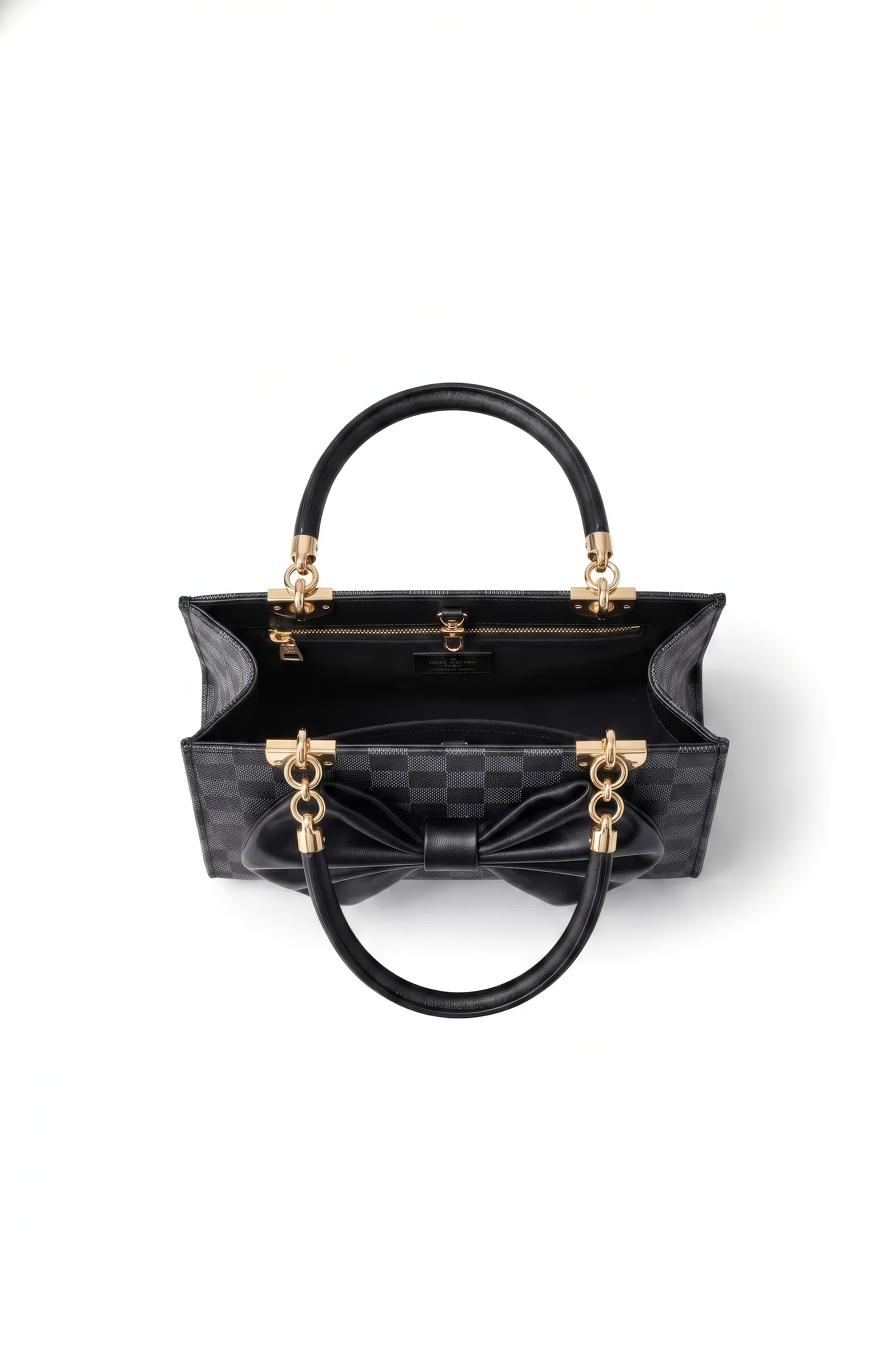 The Nocturne Bow Handbag, shown open from a top view on a white background, features black leather, gold hardware, a checkered pattern, large bow detail, top handle, and a detachable shoulder strap for versatile styling.